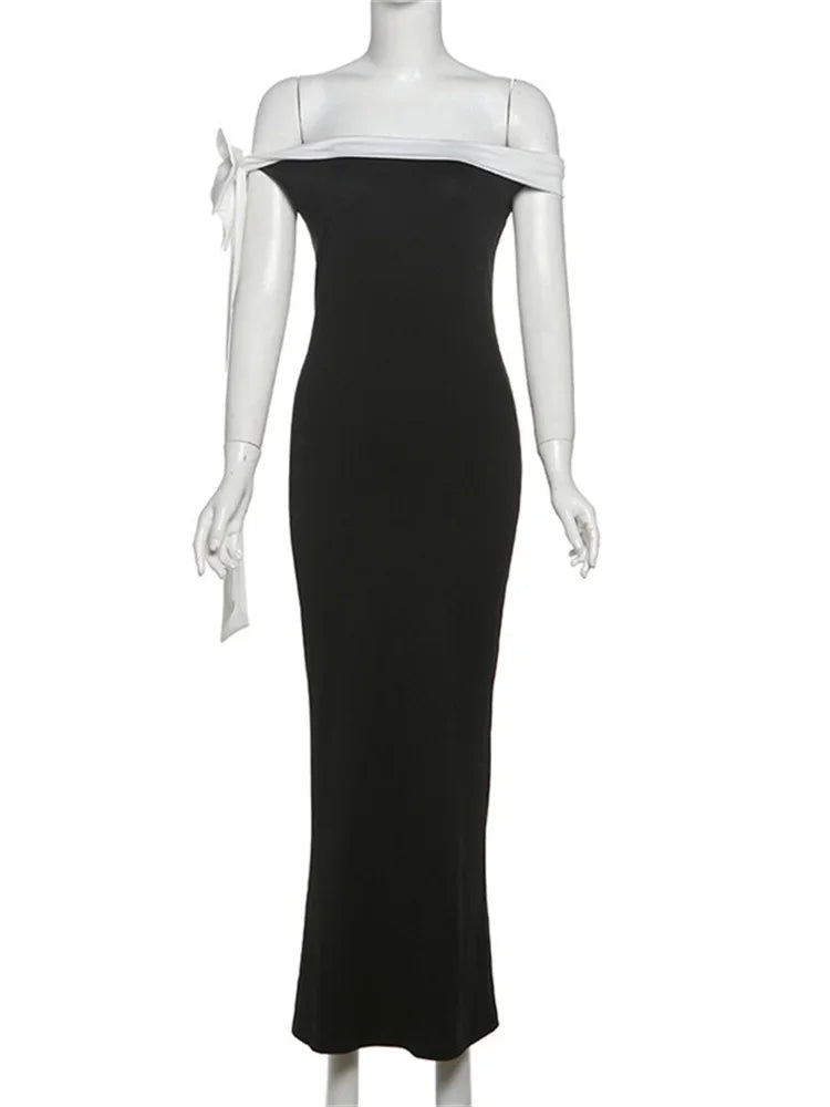 Off Shoulder Contrast Bow Shoulder Ribbon Bodycon Maxi Dress 7