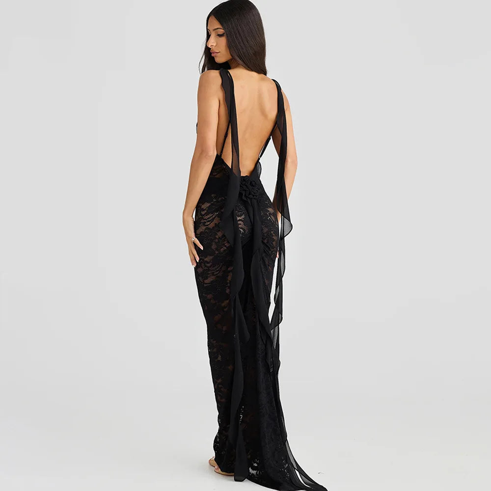 Lace Backless Spaghetti Strap Trailing Ribbon Ruffle Maxi Dress 15