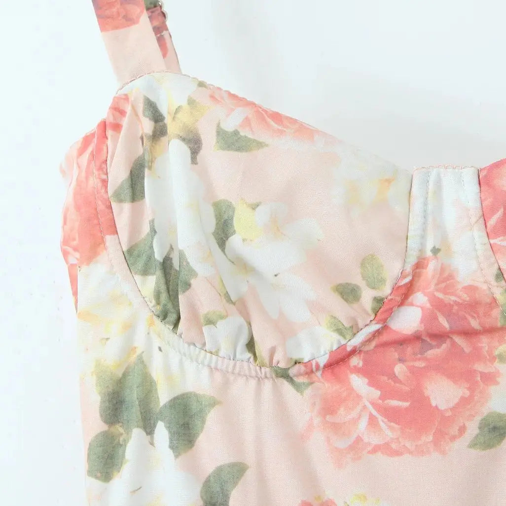 Sweetheart Bustier Wide Strap Floral Drop Waist Ruffle Midi Dress 6