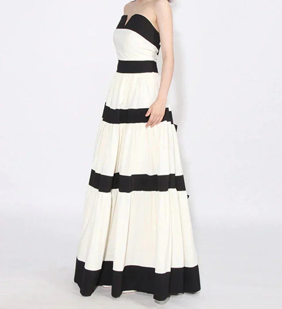 Strapless V Notch Neckline Tiered Horizontal Banded Full Skirt Gown 5