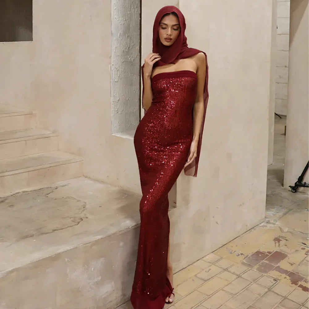 Strapless Sequin Hooded Sheer Shawl Mermaid Bodycon Maxi Gown 5