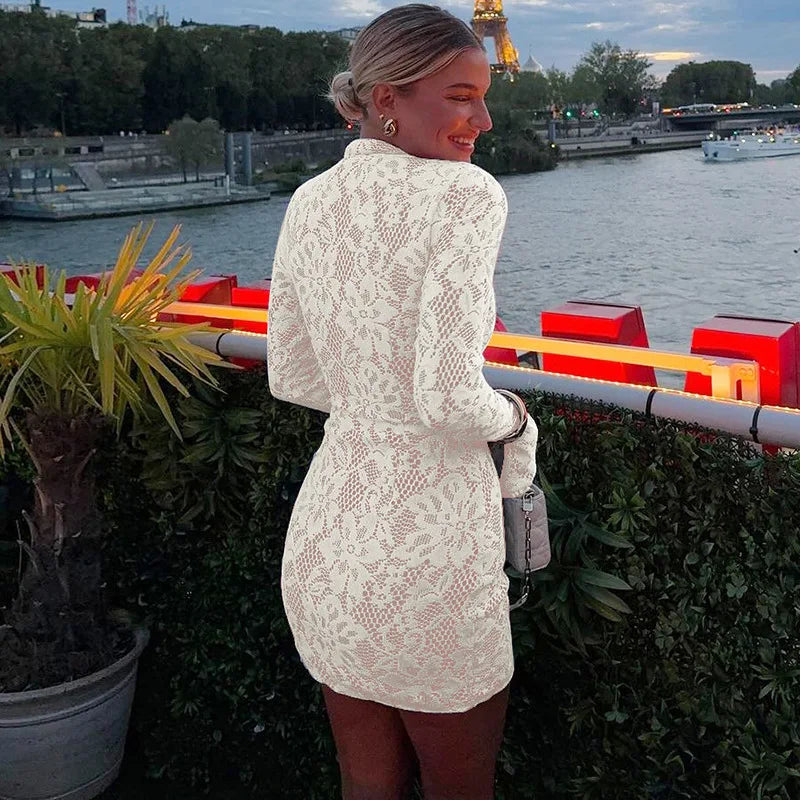 Mock Neck Keyhole Cutout Floral Lace Bell Sleeve Bodycon Mini Dress 11