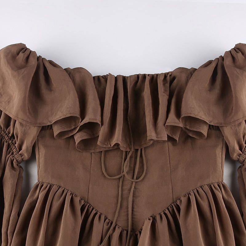 Off-Shoulder Corset Ruffle Trim Balloon Sleeve Handkerchief Hem Mini Dress 7