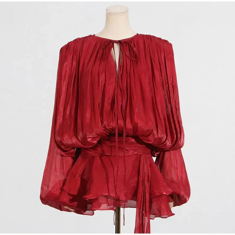 Keyhole Tie Neck Pleated Bishop Sleeve Tiered Ruffle Skirt Set 8