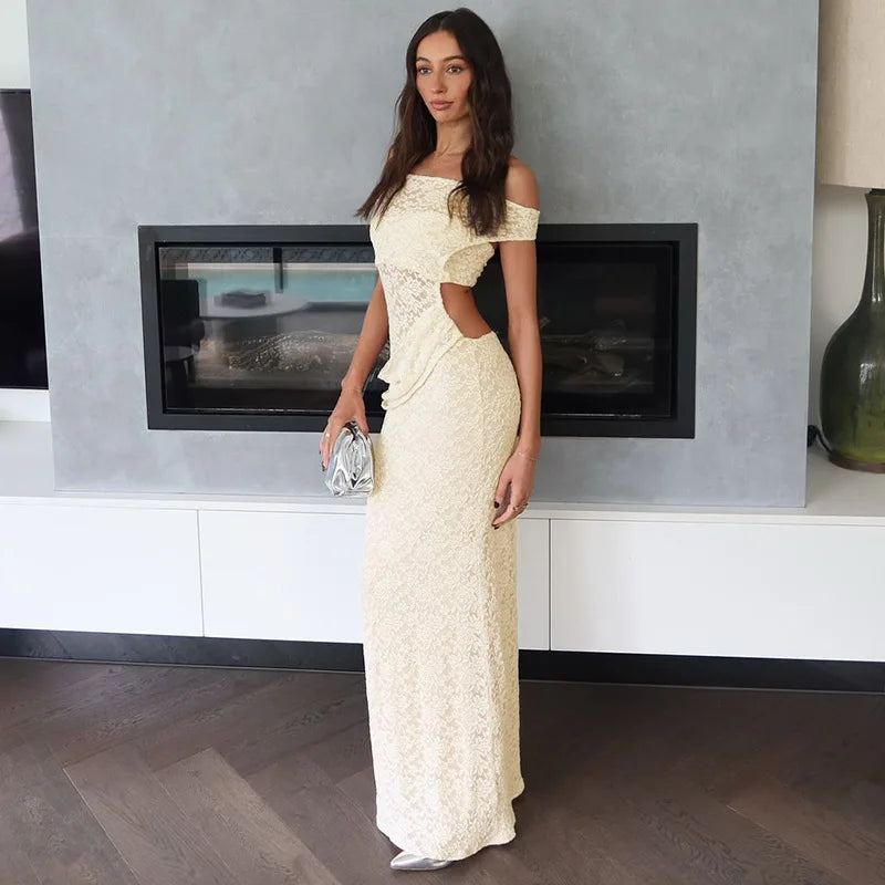 Off Shoulder Floral Lace Asymmetric Neckline Bodycon Maxi Dress 5