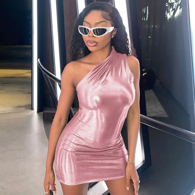 Metallic One Shoulder Ruched Drape Asymmetric Hem Mini Dress 6