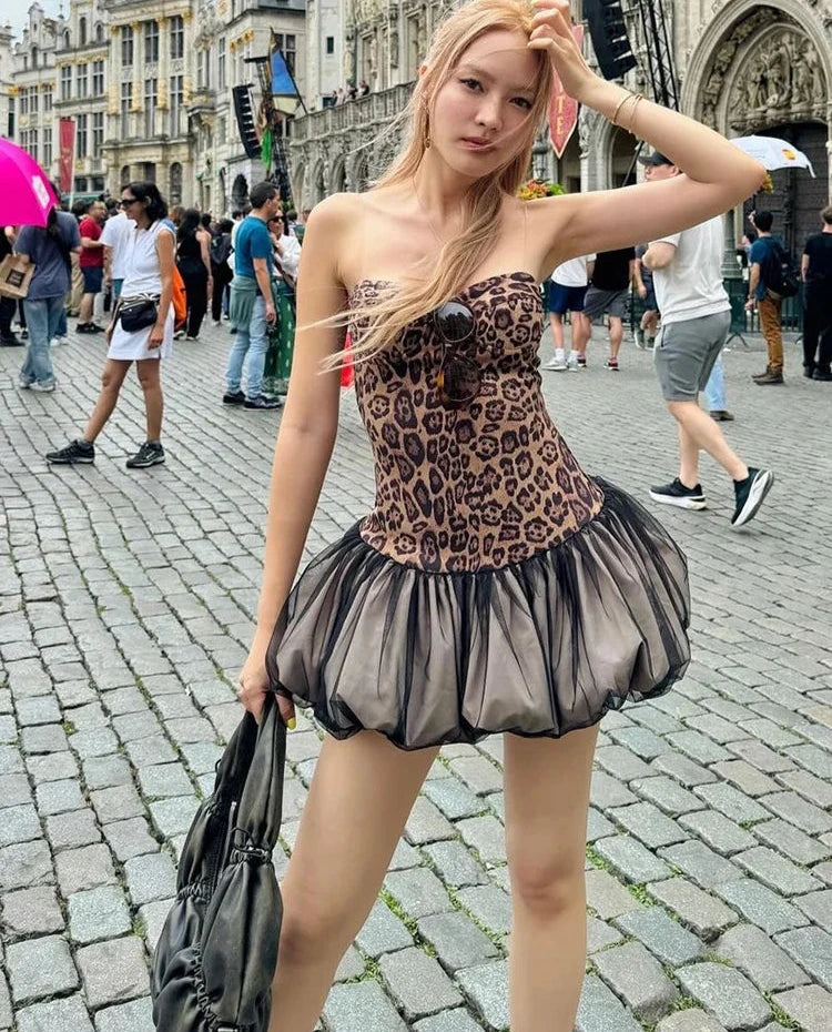 Print Corset Top Tulle Bubble Skirt Mini Dress