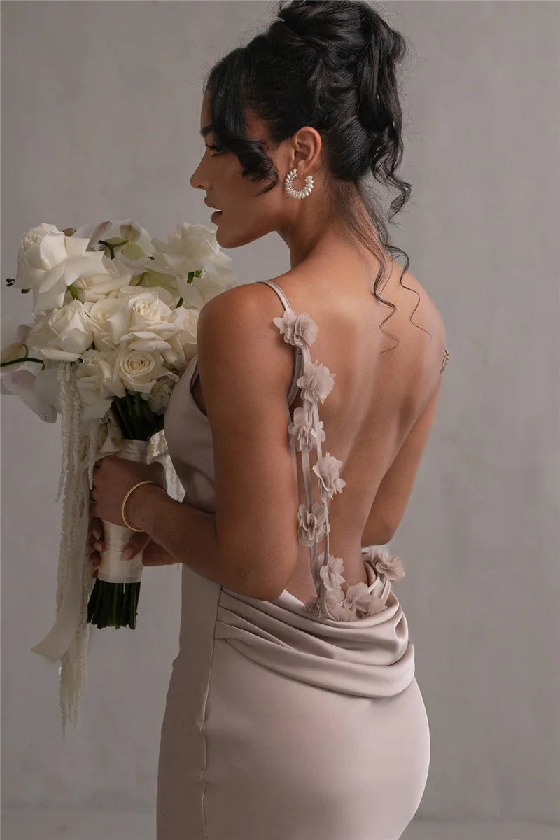 Spaghetti Strap Floral Applique Cowl Back Satin Maxi Dress 23