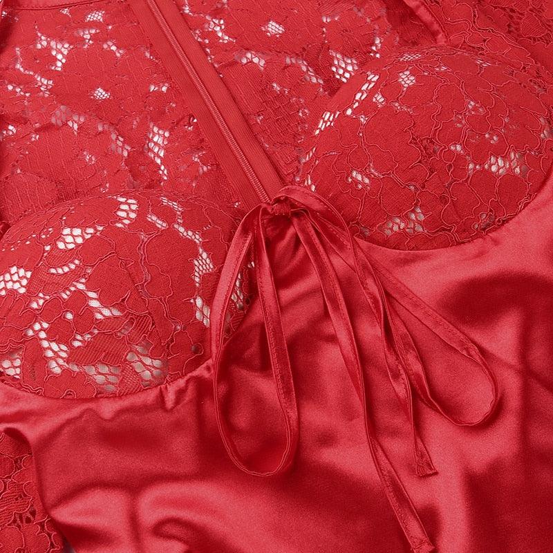 Square Neck Lace Panel Satin Mini Dress 9