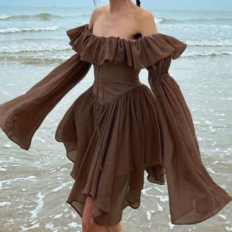 Off-Shoulder Corset Ruffle Trim Balloon Sleeve Handkerchief Hem Mini Dress 3
