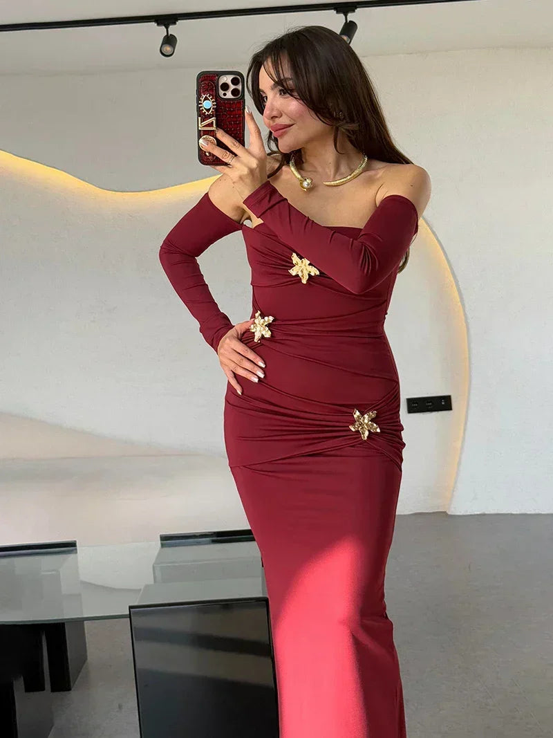 Off Shoulder Buckle Ruched Drape Long Sleeve Maxi Dress 16