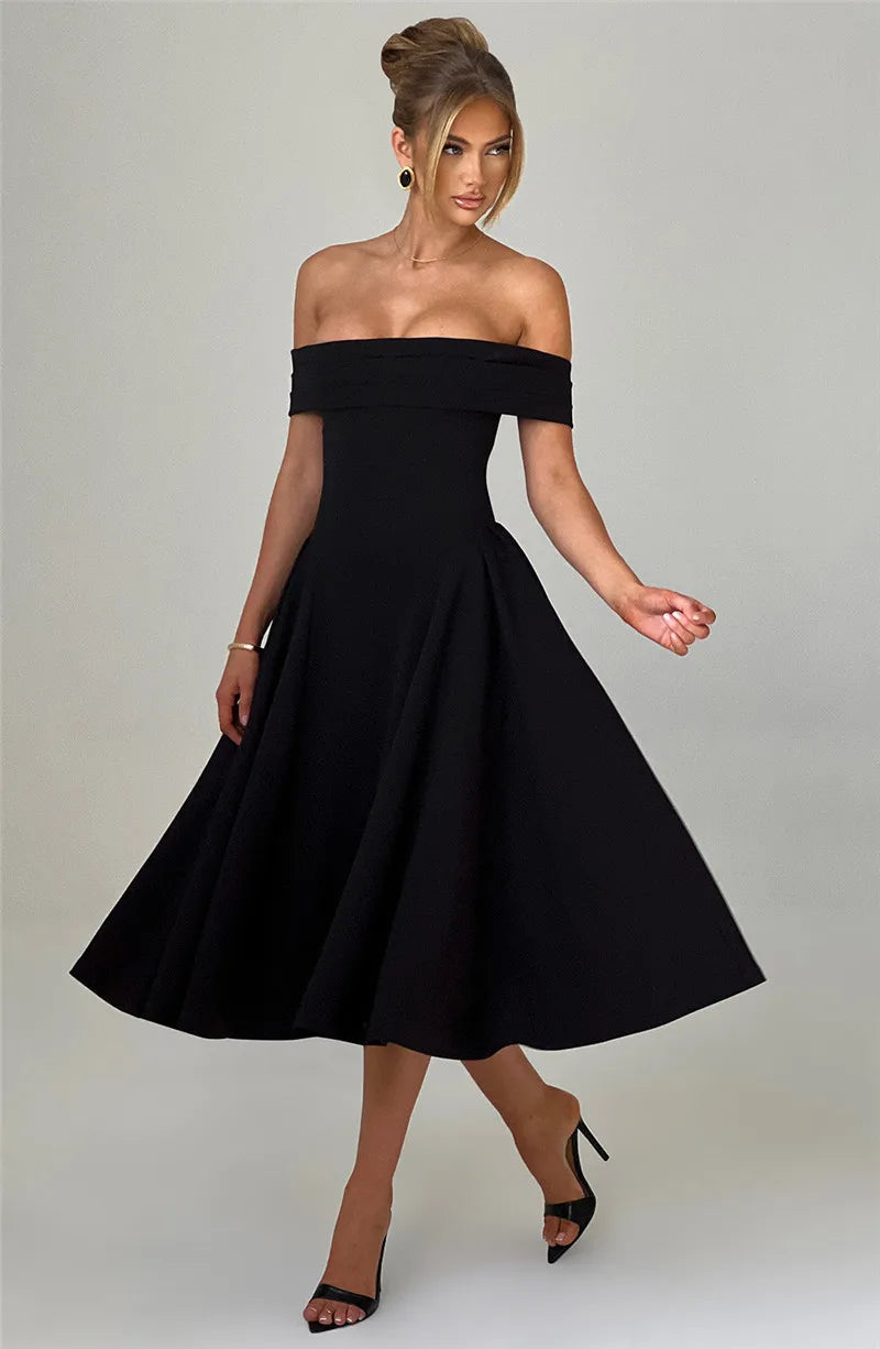 Off-Shoulder Folded Band Box Pleat Flare Midi Dress 16