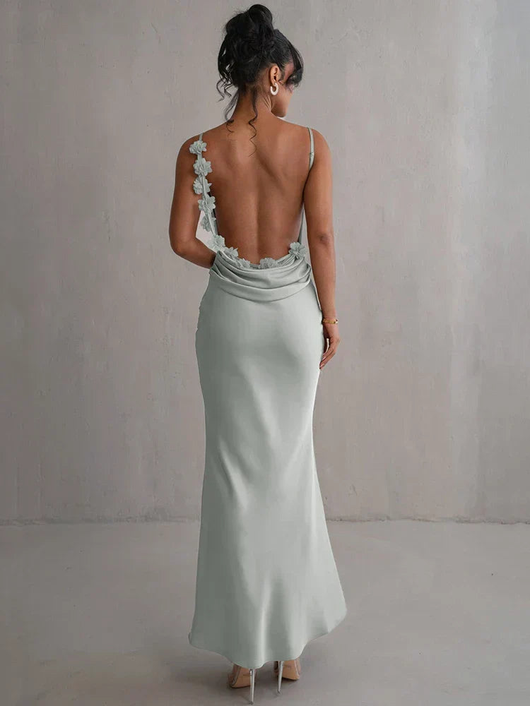 Spaghetti Strap Floral Applique Cowl Back Satin Maxi Dress 2