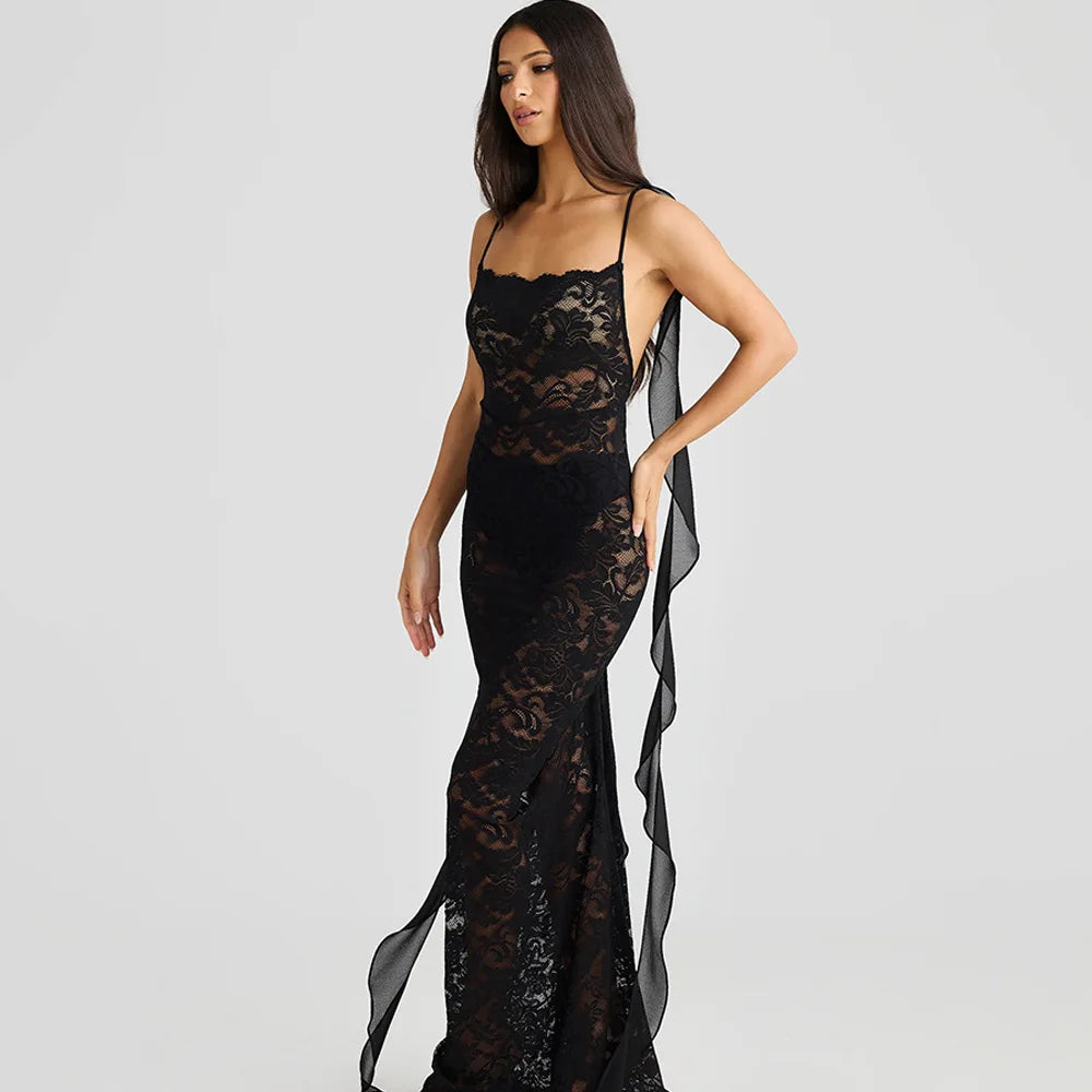 Lace Backless Spaghetti Strap Trailing Ribbon Ruffle Maxi Dress 12