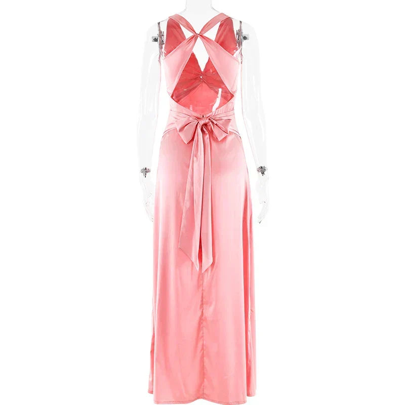 V-Neck Twist Front Bow Back Satin Maxi Dress 9