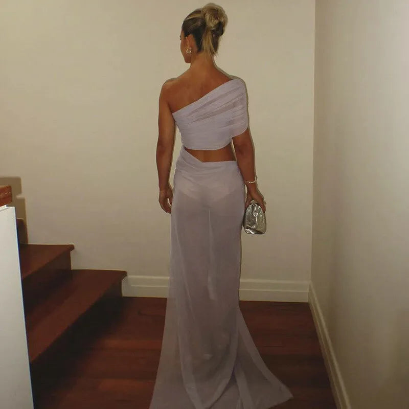 One Shoulder Mesh Draped Crop Top High Slit Maxi Skirt Set 12