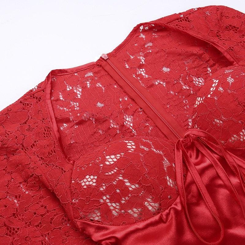 Square Neck Lace Panel Satin Mini Dress 10