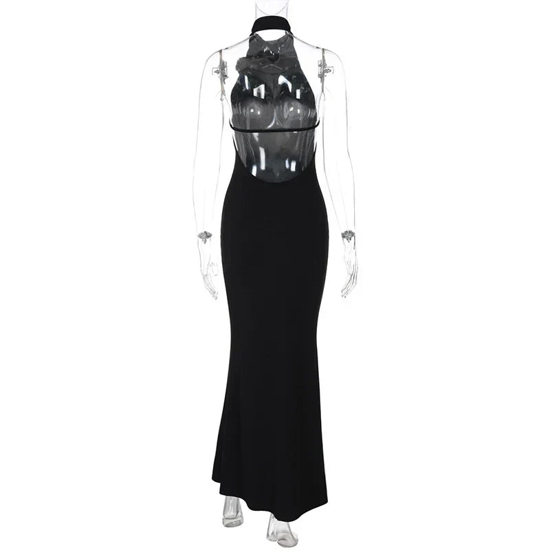 Mock Neck Halter 3D Floral Applique Bodycon Maxi Dress 21