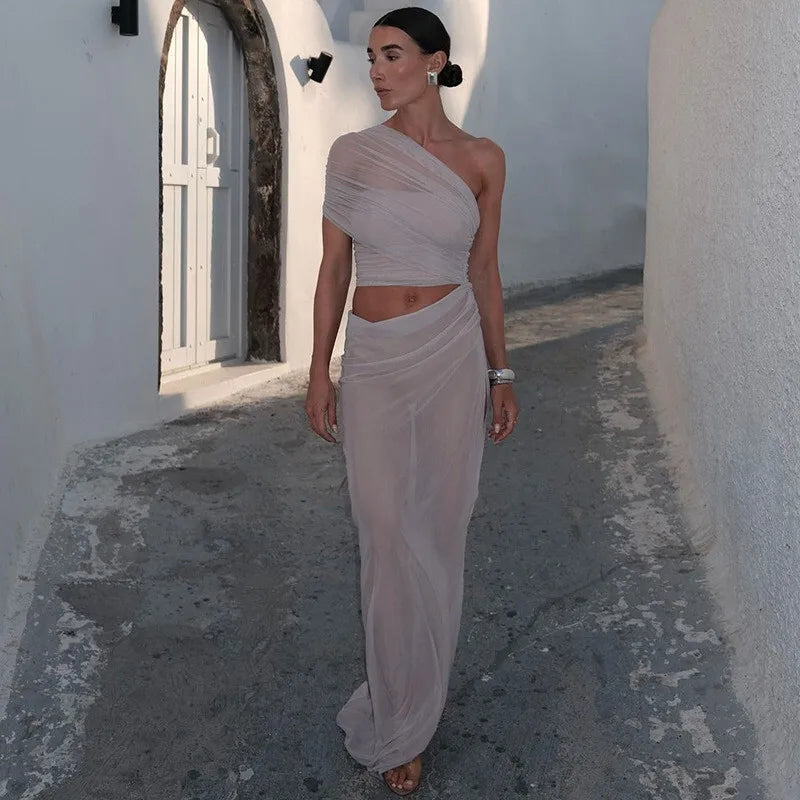 One Shoulder Mesh Draped Crop Top High Slit Maxi Skirt Set 13