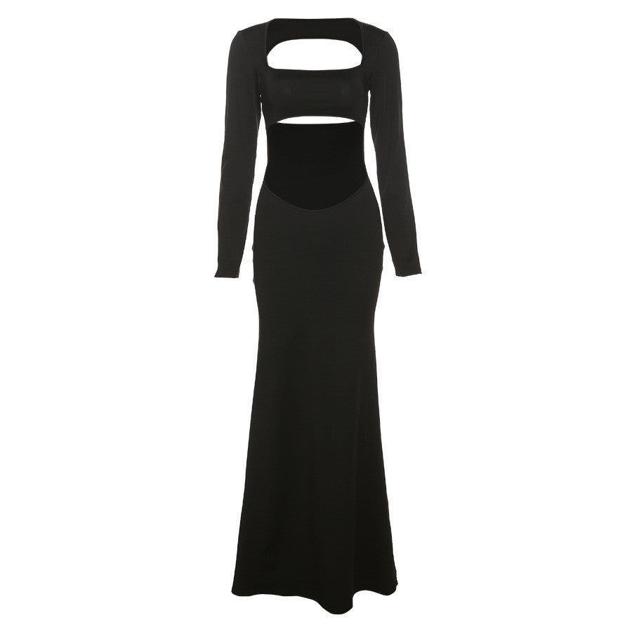 Long Sleeve Deep Square Neck Cutout Waist Fitted Maxi Dress 8