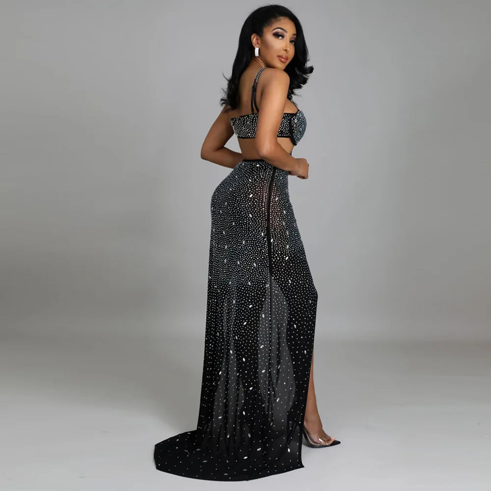 Rhinestone Mesh Spaghetti Strap Waist Cutout High Slit Maxi Dress 4