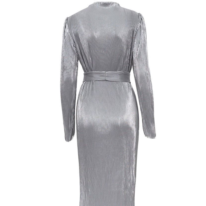 Metallic Ribbed Pleated Long Sleeve Tie Waist Side Slit Midi Dress 4