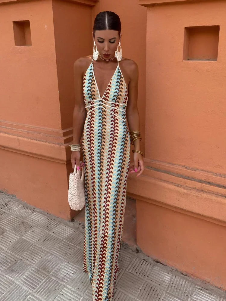 Halter Deep V Neck Multi Strap Crochet Chevron Maxi Dress