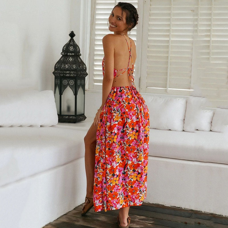 Halter Neck Keyhole Chest Waist Cutout Floral Print Side Slit Maxi Dress 4