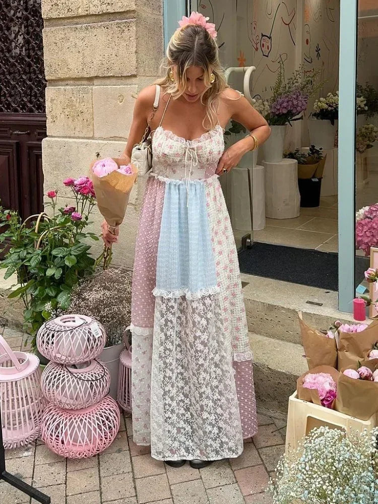 Halter Sweetheart Ruffle Trim Patchwork Lace Tiered Maxi Dress