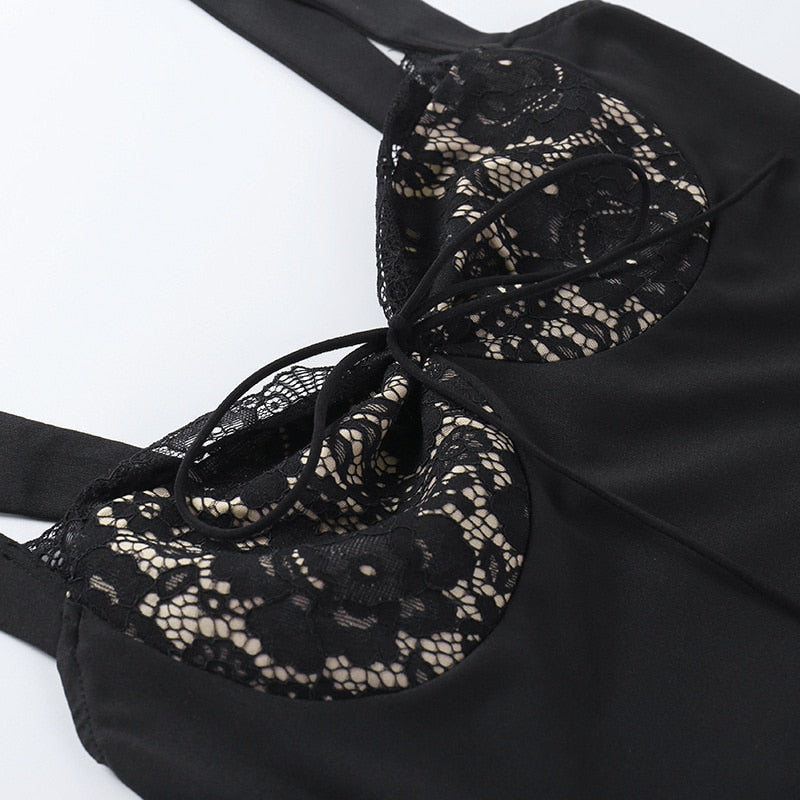 Lace Trim Satin Spaghetti Strap Tie Front Mini Dress 14