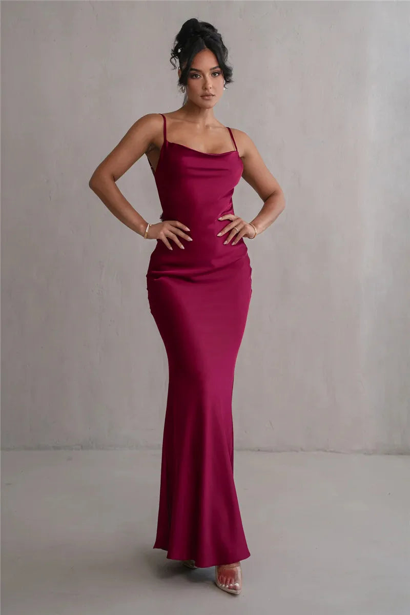 Spaghetti Strap Floral Applique Cowl Back Satin Maxi Dress 31