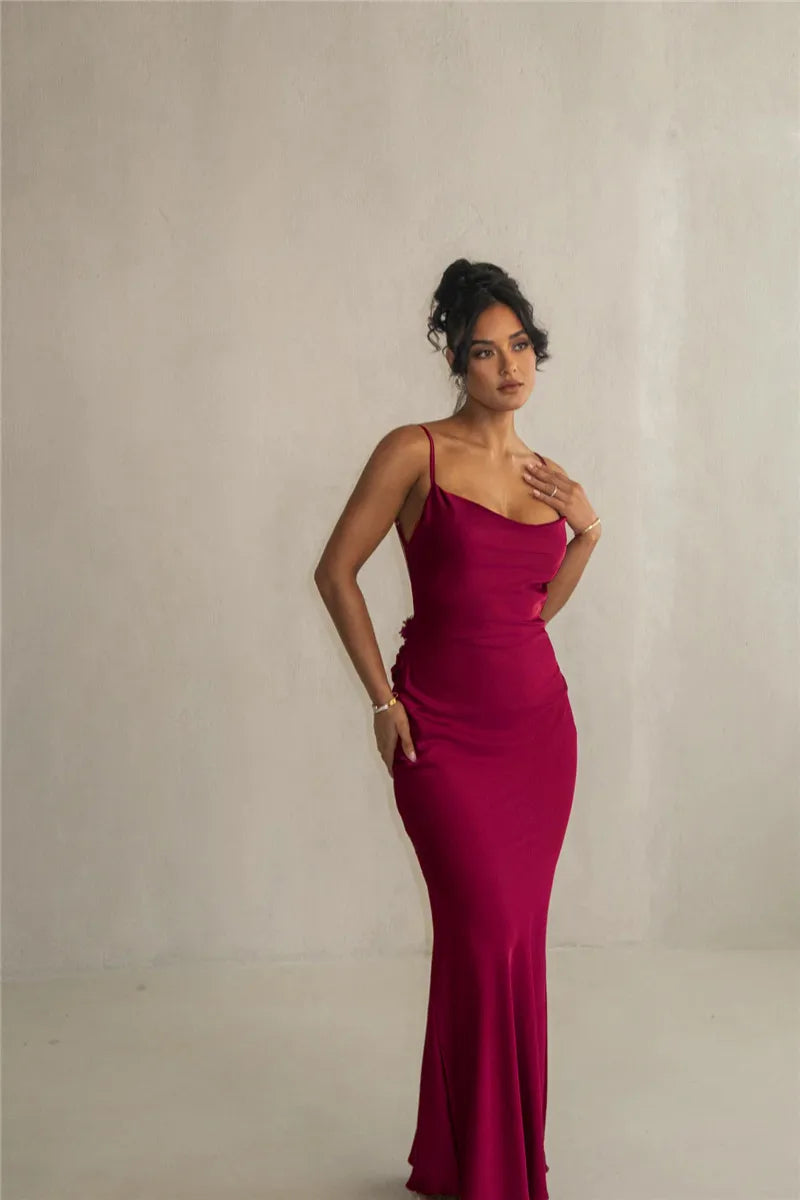 Spaghetti Strap Floral Applique Cowl Back Satin Maxi Dress 27