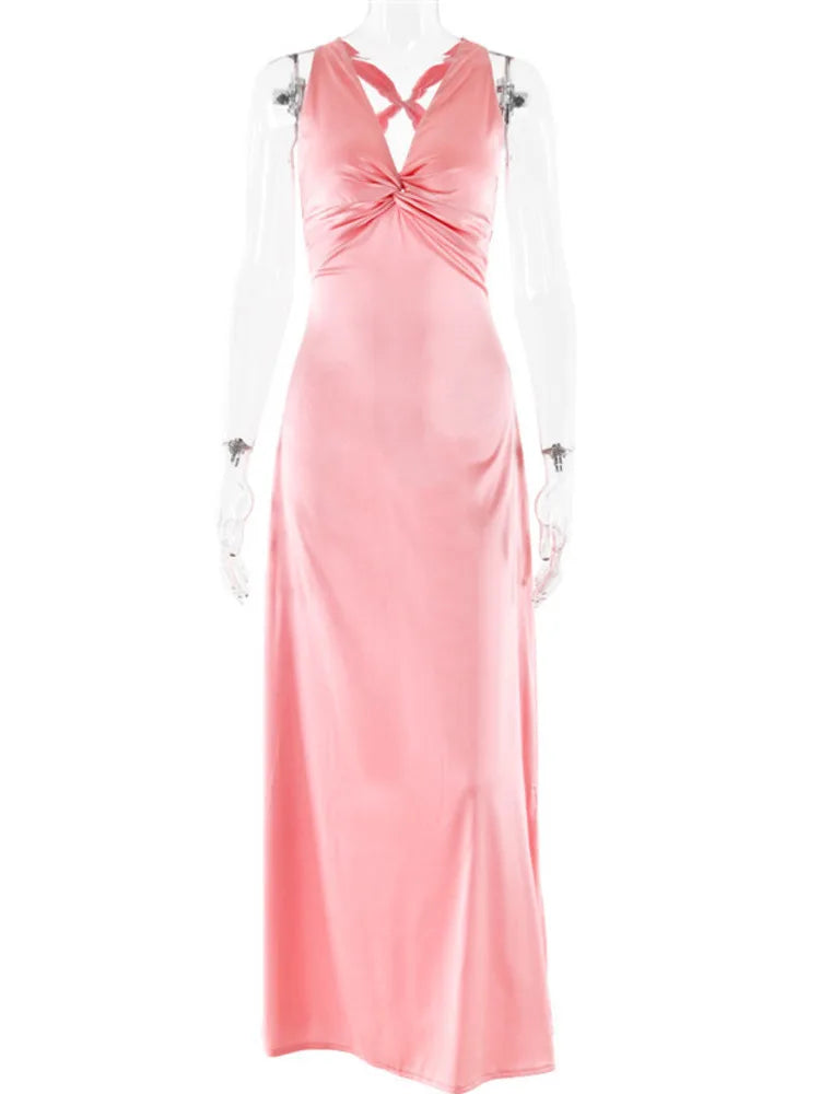 V-Neck Twist Front Bow Back Satin Maxi Dress 11