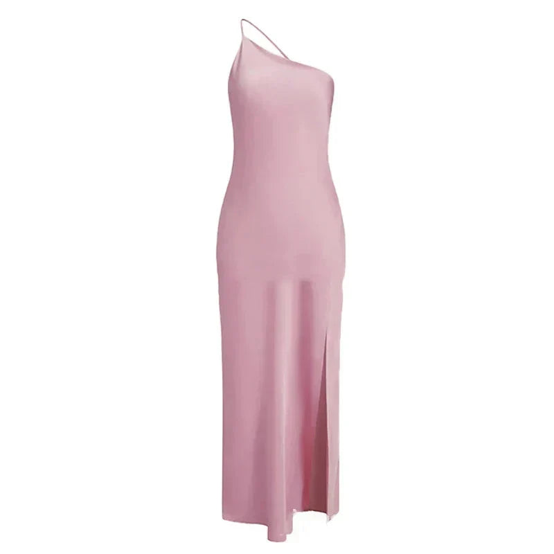 Asymmetric Strap Backless Slit Satin Maxi Dress 24