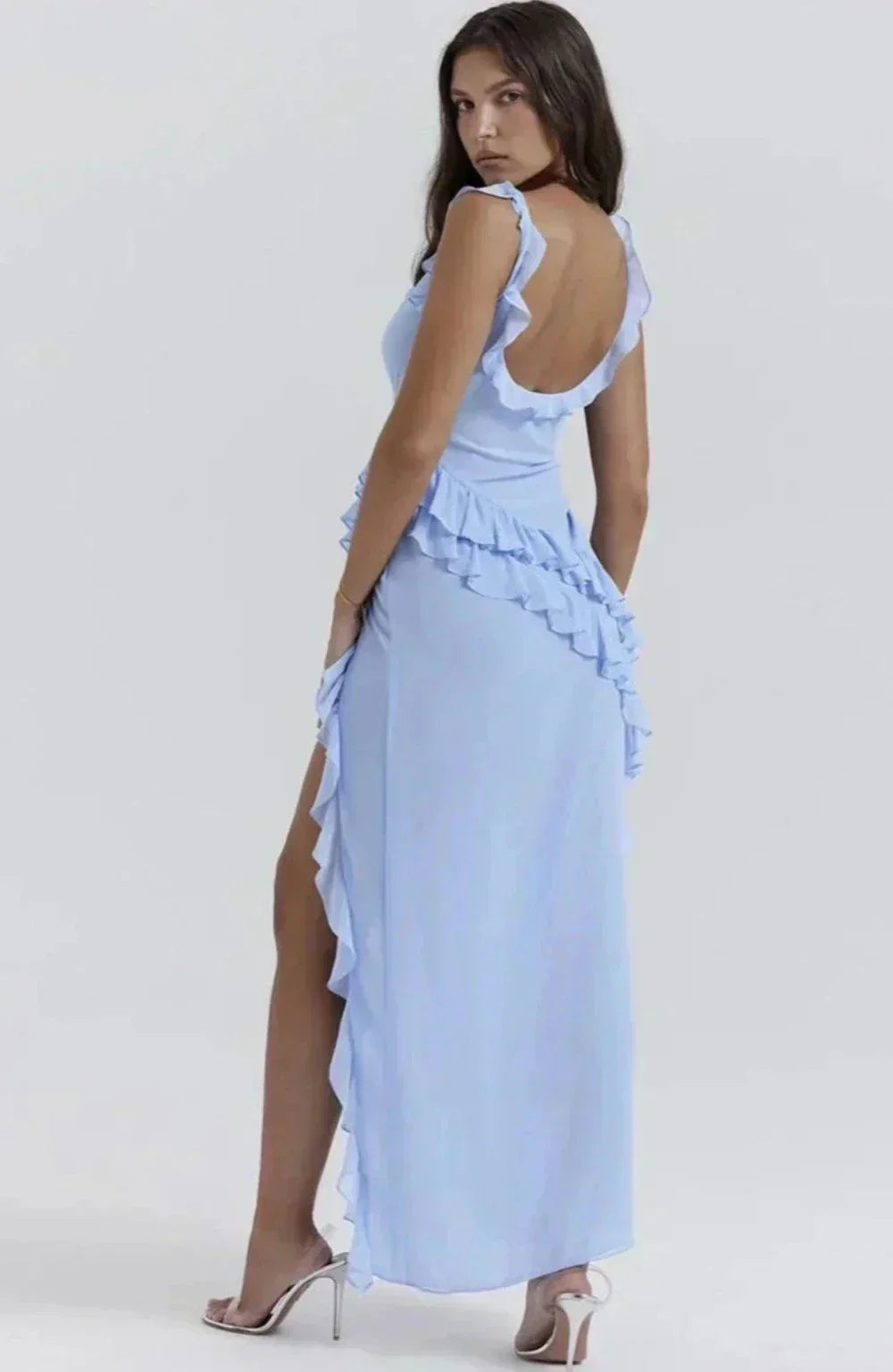 Ruffle Strap Square Neck Wrap Slit Chiffon Maxi Dress 8
