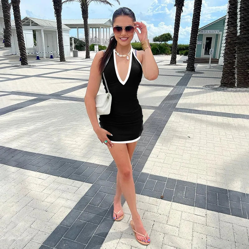 Deep V Halter Neck Contrast Trim Binding Bodycon Mini Dress 2