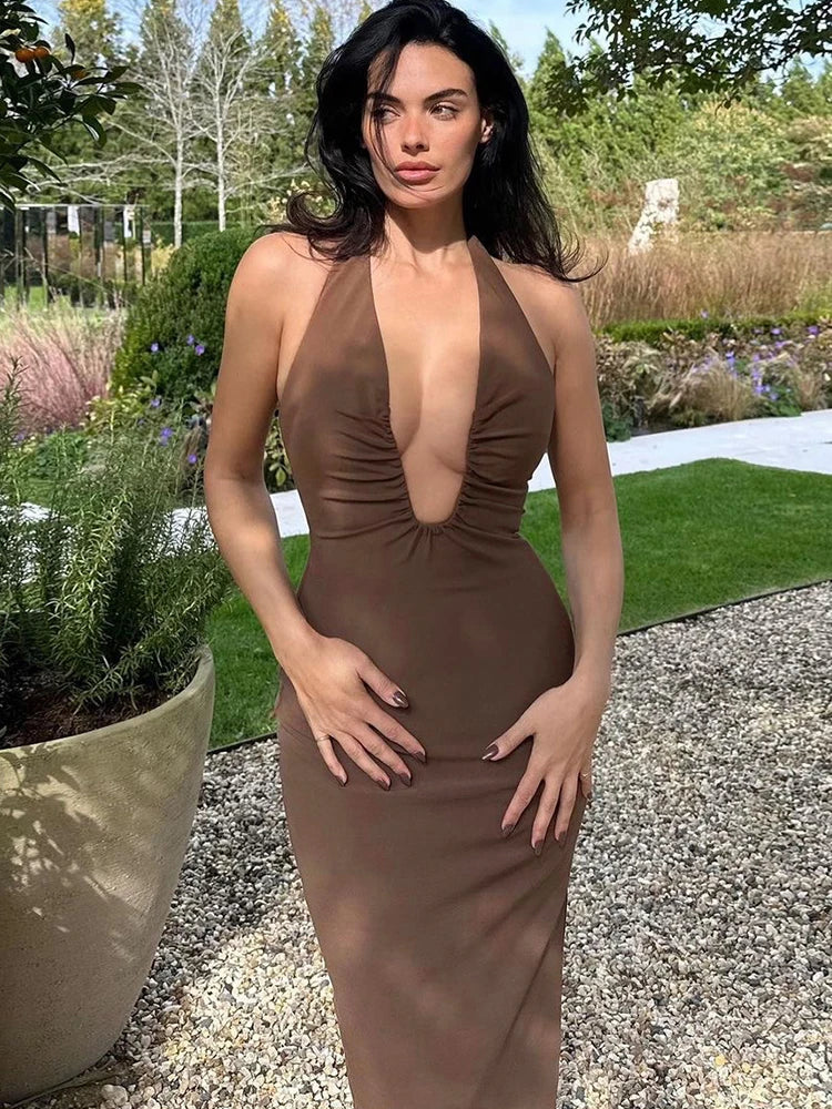 Halter Neck Deep Plunge Ruched Side Bodycon Maxi Dress 2