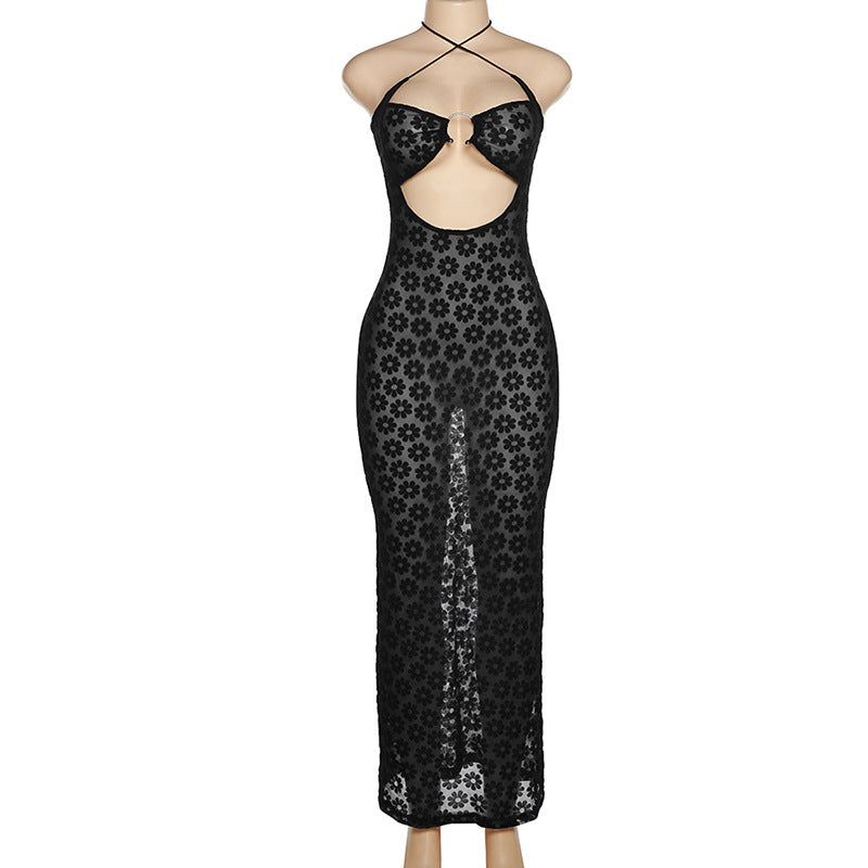 Halter Neck Burnout Floral Mesh O-Ring Midriff Cutout Bodycon Midi Dress 7