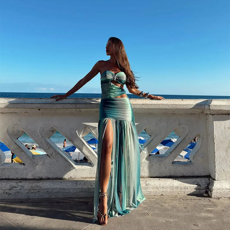 Strapless Starfish Brooch Side Cutout Ruched High Slit Maxi Dress 10