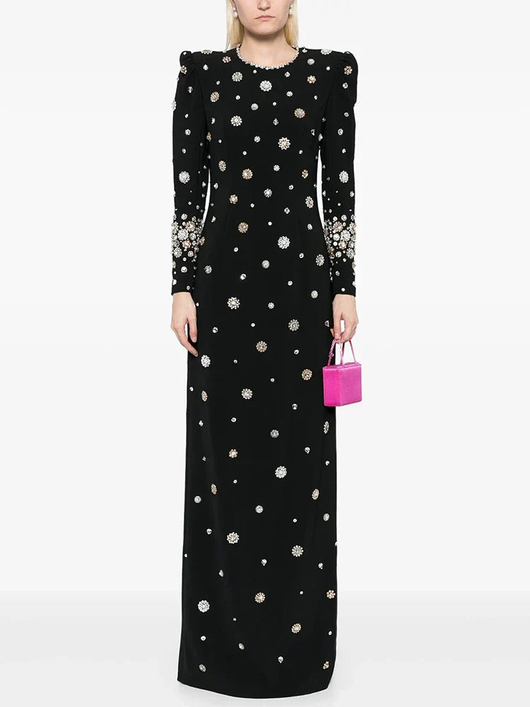Crystal Floral Embellished Structured Shoulder Long Sleeve Column Maxi Dress