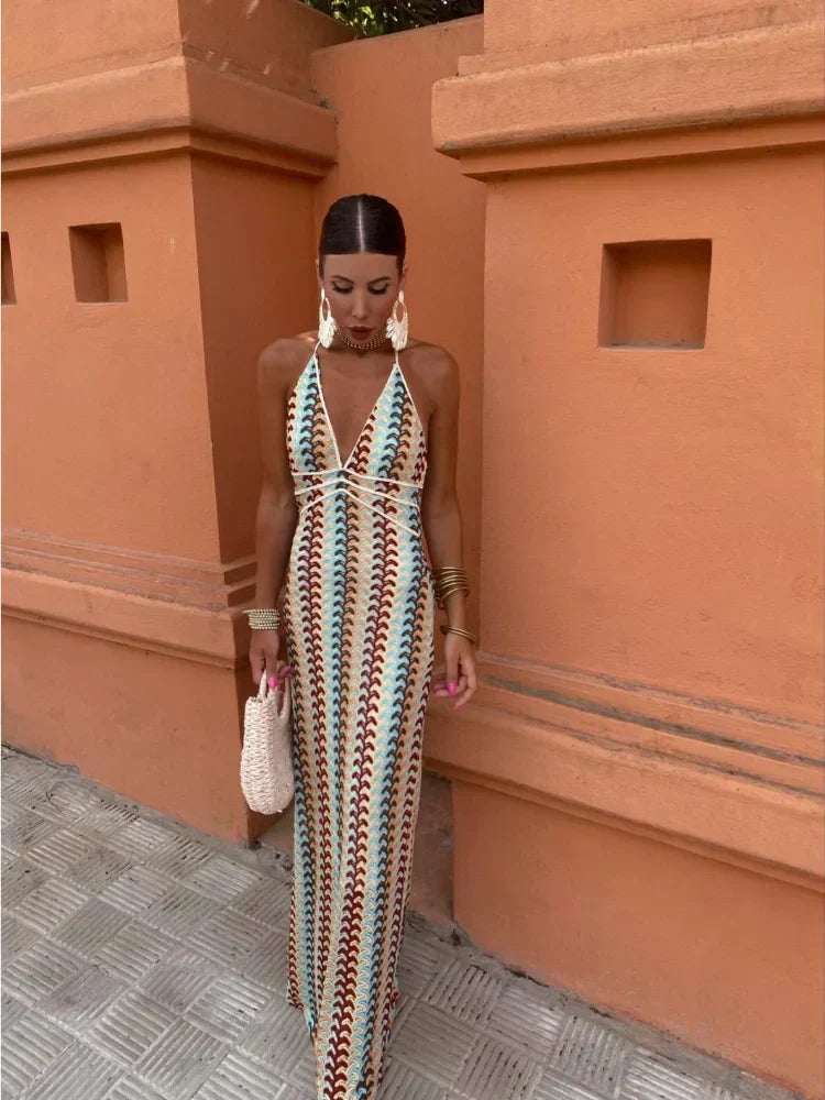 Halter Deep V Crochet Wave Pattern Column Maxi Dress 2