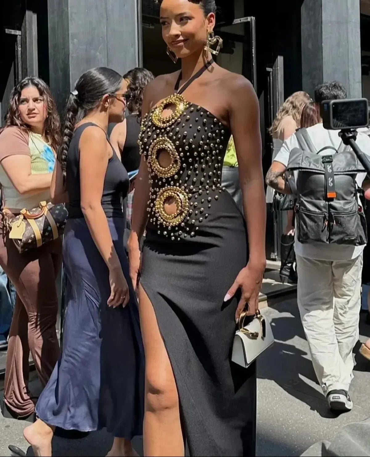 Halter Ring Cut Out Studded Thigh Slit Backless Maxi Gown 7