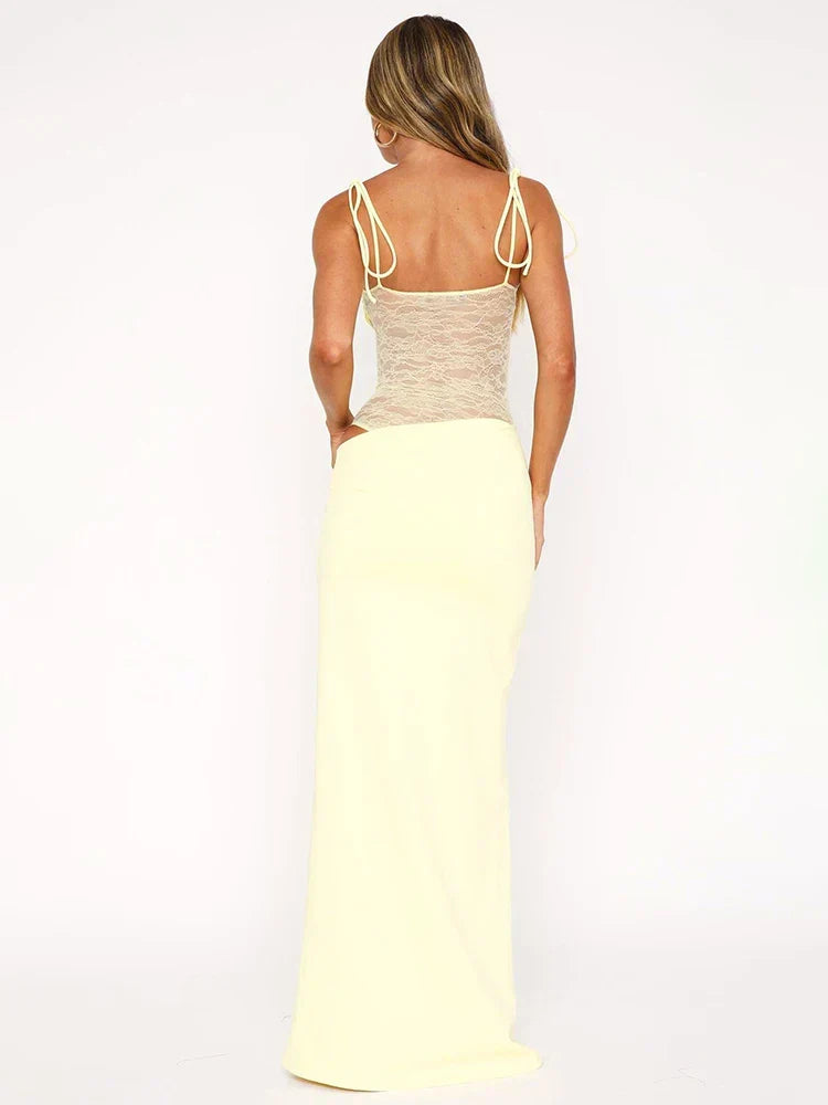 Square Neck Tie Shoulder Lace Panel Midriff Hip Cutout Maxi Dress 3