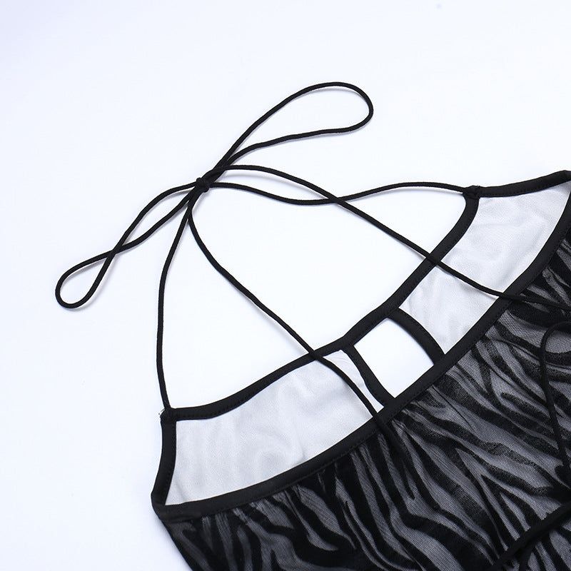 Zebra Print Flocked Mesh Halter Keyhole Cutout Bodycon Mini Dress 8