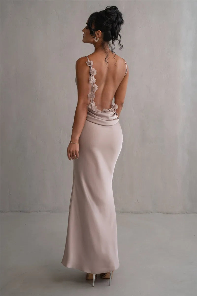 Spaghetti Strap Floral Applique Cowl Back Satin Maxi Dress 19