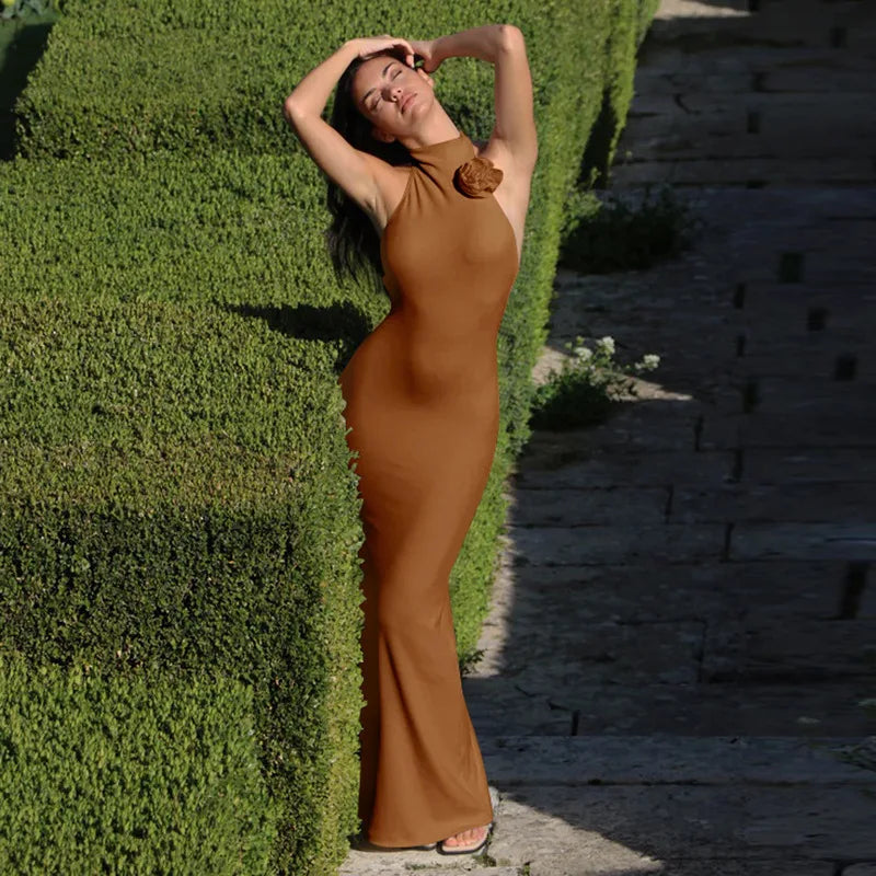 Mock Neck Halter 3D Floral Applique Bodycon Maxi Dress 12