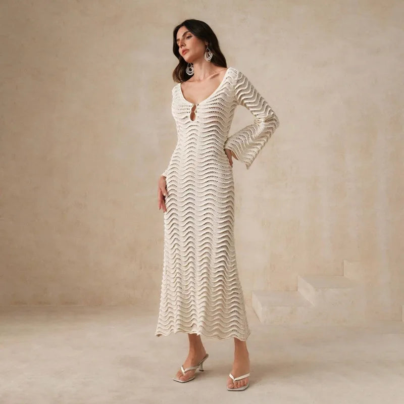 Hollow Out Knit Lace-Up Patchwork Midi Dress 14