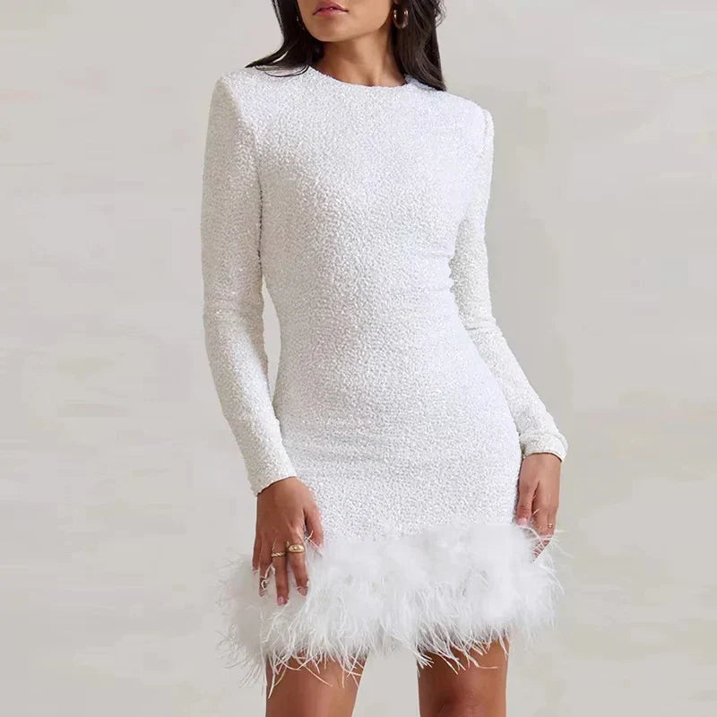 Sequin Round Neck Long Sleeve Feather Trim Bodycon Mini Dress 24