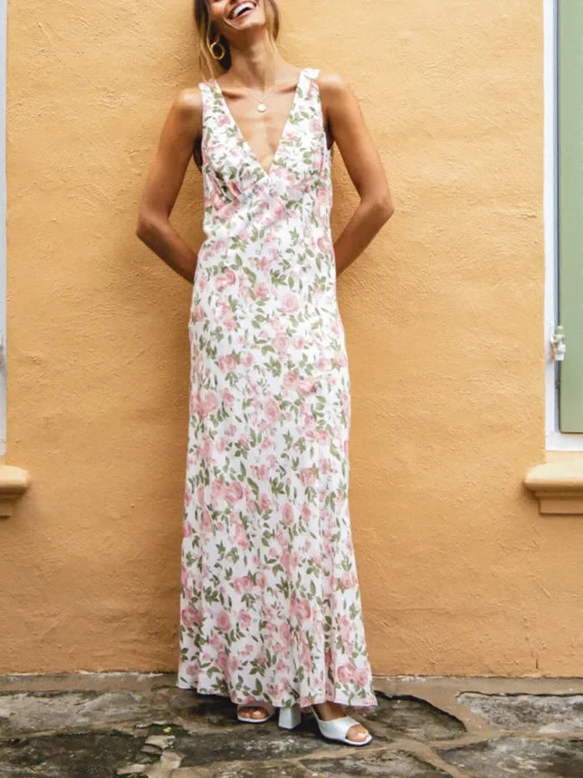 V-Neck Lace Trim Tomato Print Sleeveless Bodycon Midi Dress 6