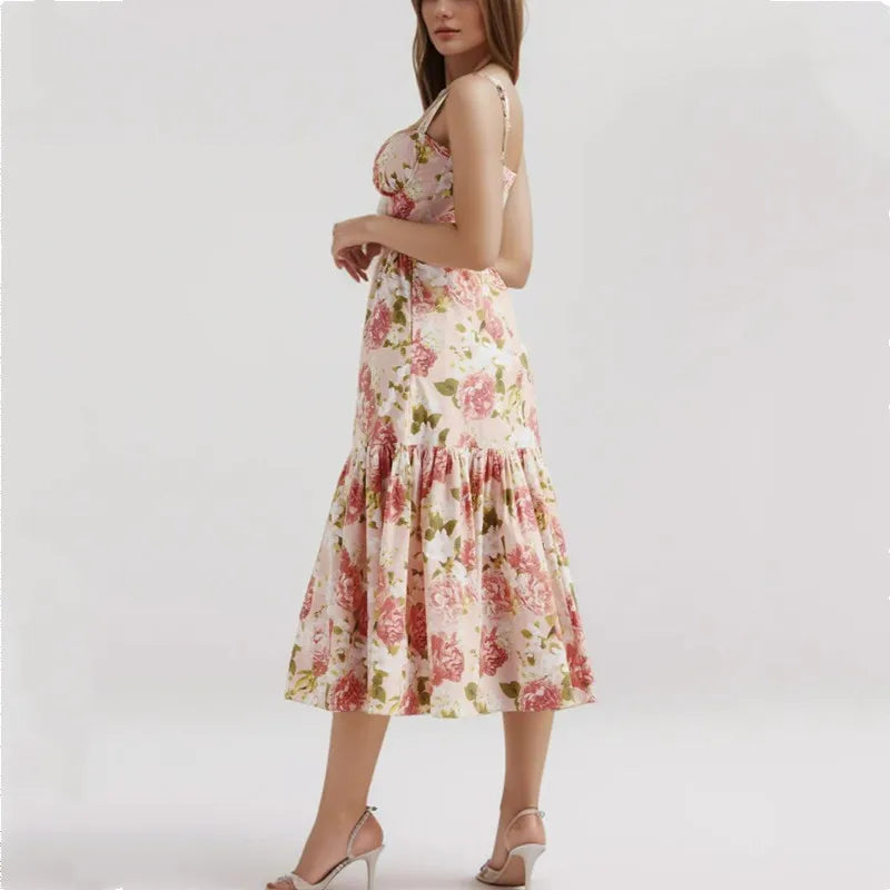 Sweetheart Bustier Wide Strap Floral Drop Waist Ruffle Midi Dress 2